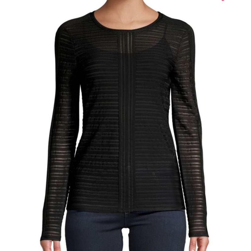 BCBG Black Mesh Crewneck Long Sleeve Top